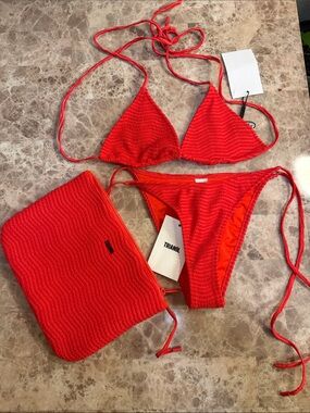 triangl swimwear Bright Red Textured Triangle Bikini Set